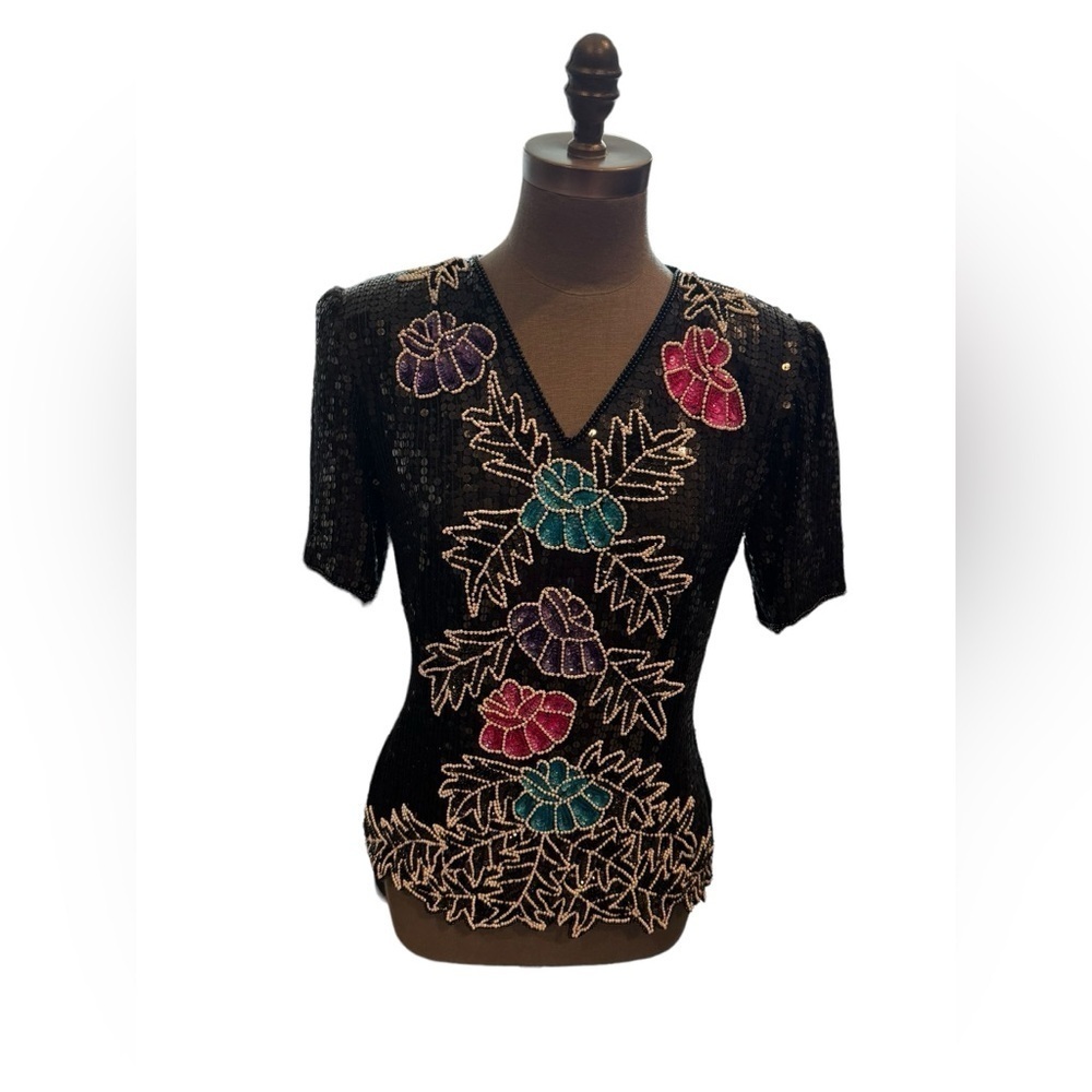 Vintage 80s Stenay Silk Sequin Top Small
